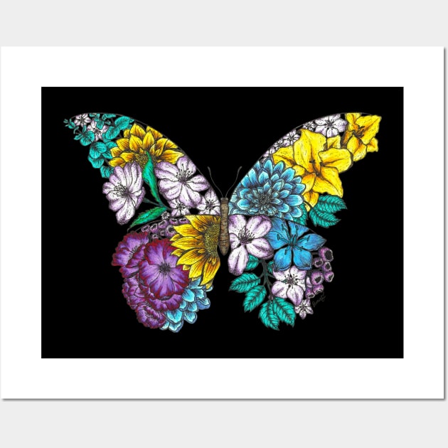 Floral Butterfly Color Black Background Wall Art by SamuelJ